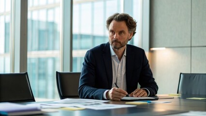 Fototapeta premium A focused man in a suit sits at a modern conference table, surrounded by papers and notes, with large windows providing a bright, professional atmosphere.