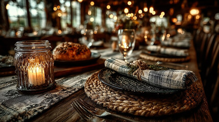 Elegant dining table arrangement with warm candlelight, creating a cozy and inviting atmosphere.