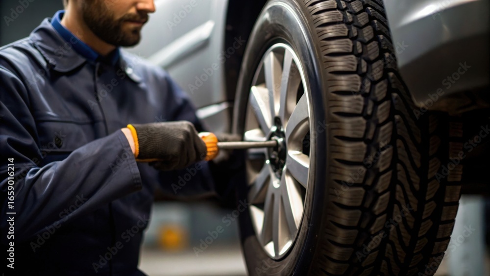 Poster a mechanic is changing a tire, using a wrench, while focusing intently on the task at hand in a well