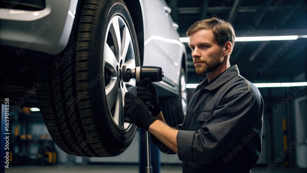 Poster a mechanic uses a power tool to change a tire on a car, showcasing expertise and precision in an aut