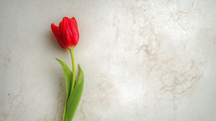 A single red tulip stands out against a textured beige background, creating a simple yet striking composition.