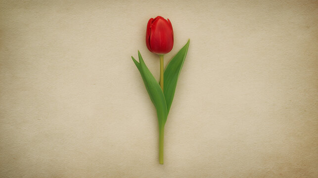 A single red tulip stands out against a textured beige background, creating a simple yet striking composition.