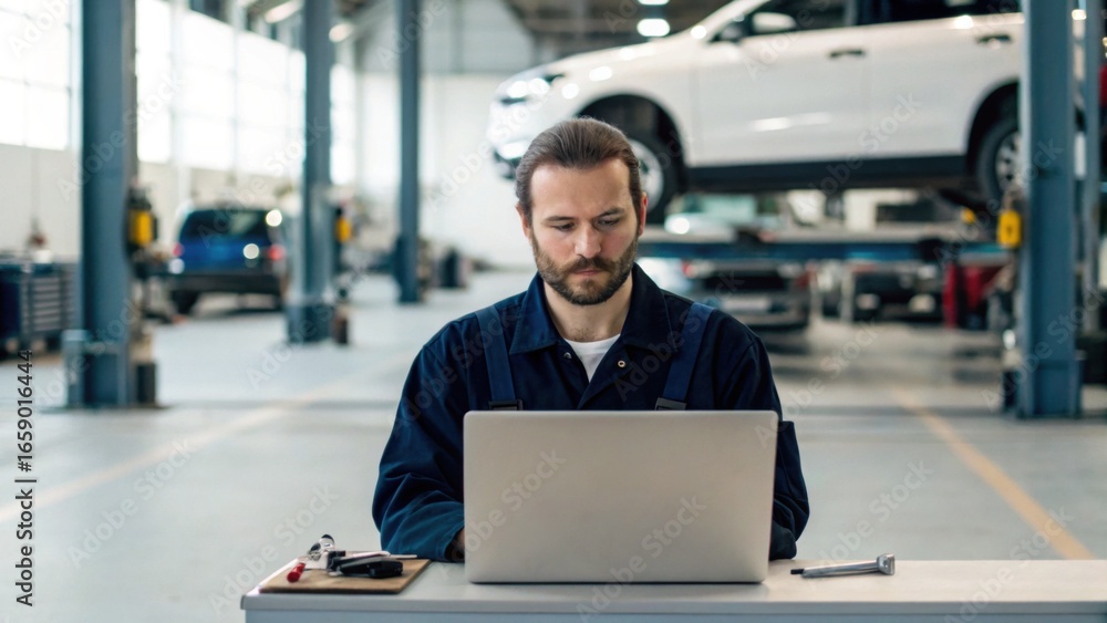 Poster a mechanic works on a laptop in a garage, surrounded by vehicles, focusing on tasks related to autom