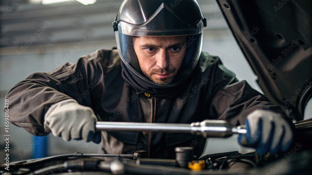 Poster a mechanic in protective gear works intently on a vehicle's engine, using a torque wrench to ensure 