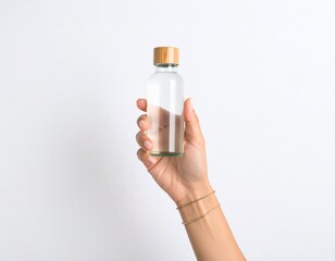 Woman holding a clear glass bottle with a bamboo lid on a white background