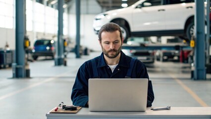 A mechanic works on a laptop in a garage, surrounded by vehicles, focusing on tasks related to automotive maintenance and repair.