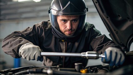 A mechanic in protective gear works intently on a vehicle's engine, using a torque wrench to ensure precise adjustments.