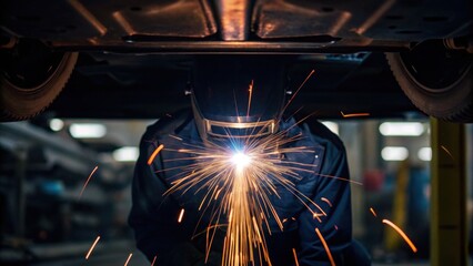 A mechanic works under a vehicle, welding and creating sparks, showcasing the intensity of automotive repair.