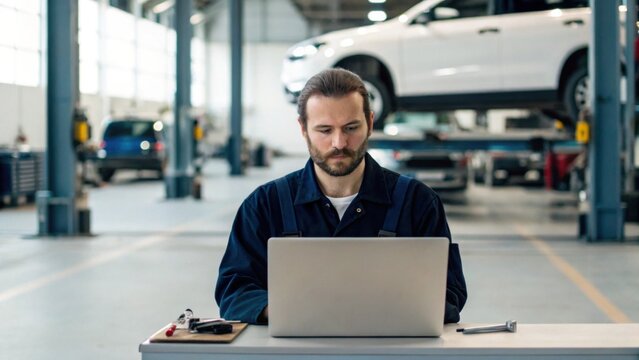 A mechanic works on a laptop in a garage, surrounded by vehicles, focusing on tasks related to automotive maintenance and repair.