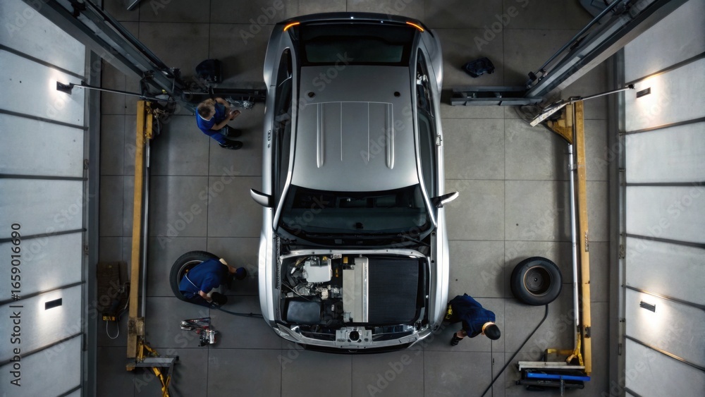 Poster a top-down view of a car being serviced in a garage, with mechanics working on the vehicle and tools