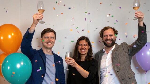 A festive celebration scene with three people toasting with glasses, surrounded by balloons and confetti, conveying joy and camaraderie.