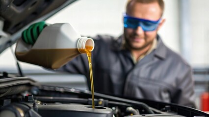 A mechanic pours oil into a car engine, showcasing automotive maintenance and the importance of regular vehicle care.