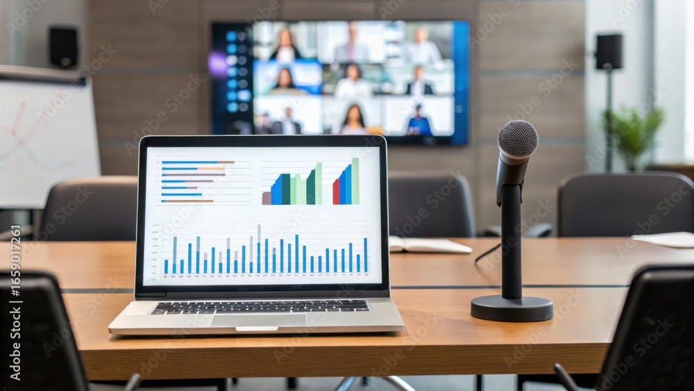 Poster a laptop displaying graphs and charts sits on a conference table, next to a microphone, in a modern 