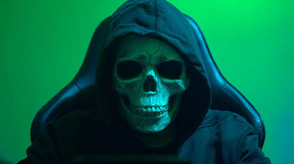 A creepy horror human skull wearing a hoodie is sitting on a gaming chair against a green screen. Halloween and death concept.