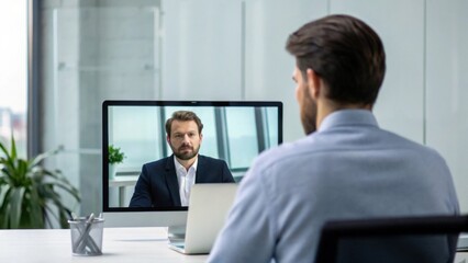 A business meeting held via video call, featuring two men engaged in conversation, one on a screen and the other seated at a desk.