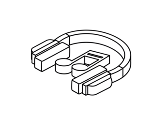 Dynamic isometric headphones and musical note icon symbolize audio innovation and creative sound experiences.