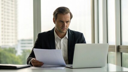 Fototapeta premium A focused man reviews documents while working on a laptop in a modern office setting, with large windows showcasing a cityscape.