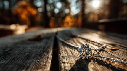 A vibrant paw print pendant on a rustic table, honoring World Animal Day with warmth and nature.