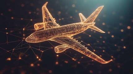 Digital Wireframe Airplane Model with Network Connections in Futuristic Style