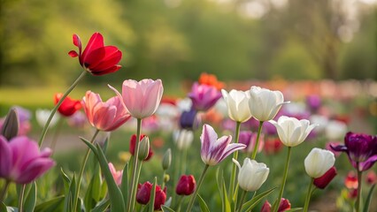 Fototapeta premium Field of blooming tulips in spring with vivid red, pink, white and purple petals under sunlight in nature