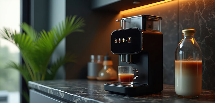 Sleek black kitchen appliance brews hot beverages with user-friendly touchscreen digital interface. Modern, compact design offers convenience, customizable, programmable options for delicious hot