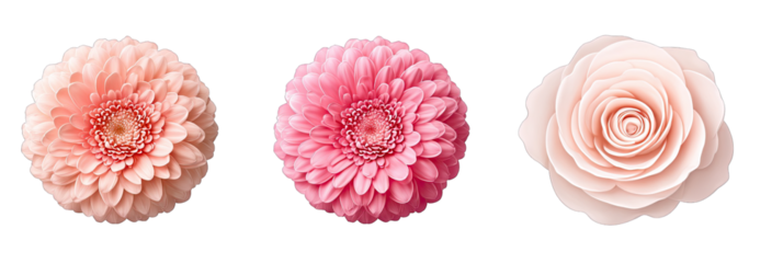 Three delicate, isolated blossoms in soft pinks and peaches