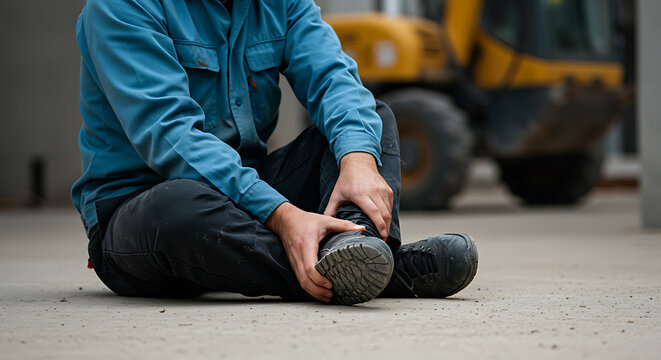Worker with painful ankle injury at construction site, work accident concept