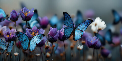 Multiple blue butterflies among purple tulip-like flowers