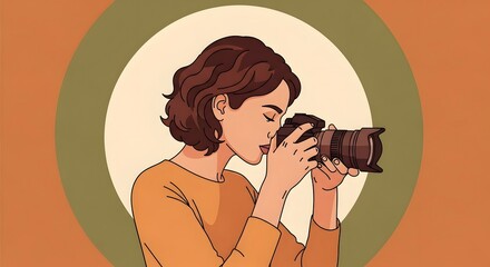 Obraz premium Focused Photographer Woman Capturing Moments with Camera Artistic Illustration.