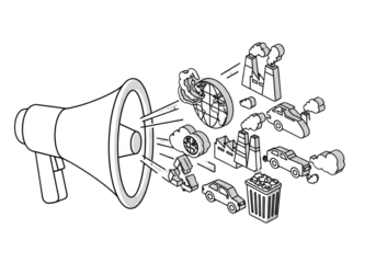 Megaphone broadcasts environmental issues like pollution and waste, raising global awareness for change