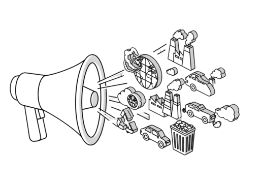 Megaphone broadcasts environmental issues like pollution and waste, raising global awareness for change