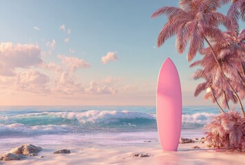 Serene beach scene with pink surfboard leaning against vibrant pink foliage under a clear sky with gentle ocean waves