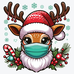 Cute Christmas Reindeer Face with Mask Vector stock illustration