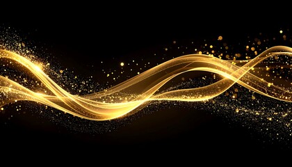 Golden light waves with sparkling particles on a black background, abstract design.