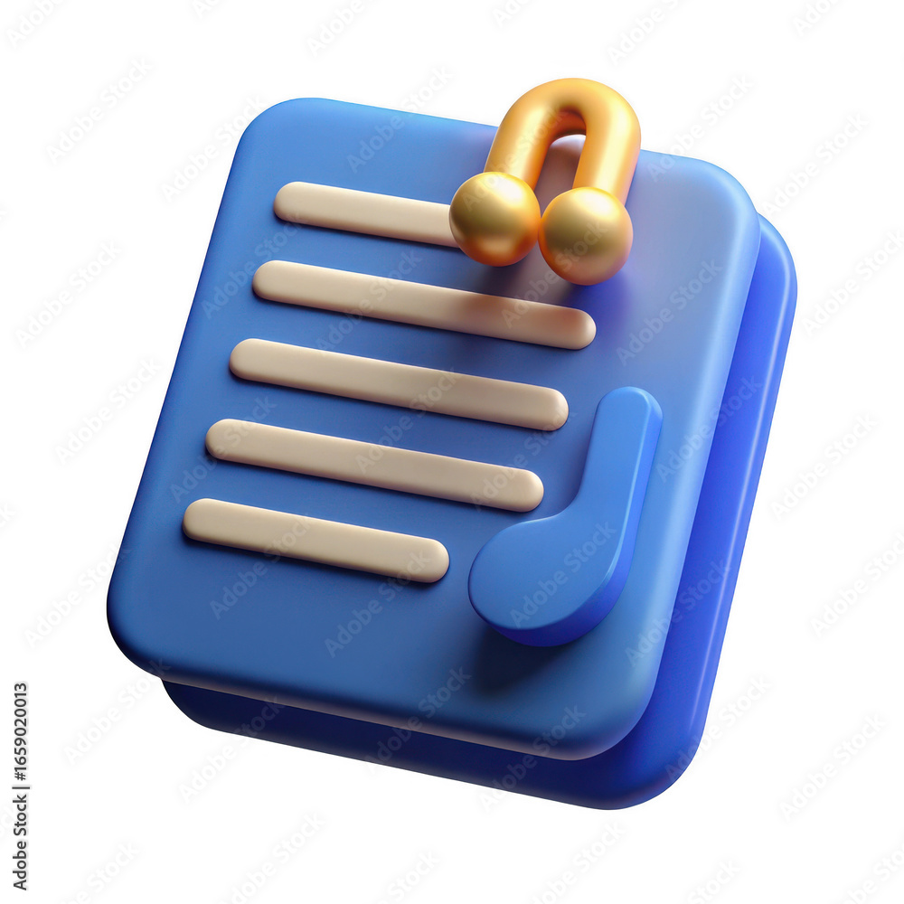 Poster stylized 3d icon representing a document or list with a golden paperclip attached isolated on transp