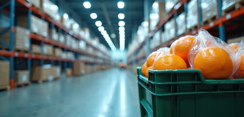 Fresh oranges in green plastic crate sit in brightly lit warehouse, food distribution, logistics. Shelves filled with boxes stretch into distance, illustrating modern supply chain, inventory