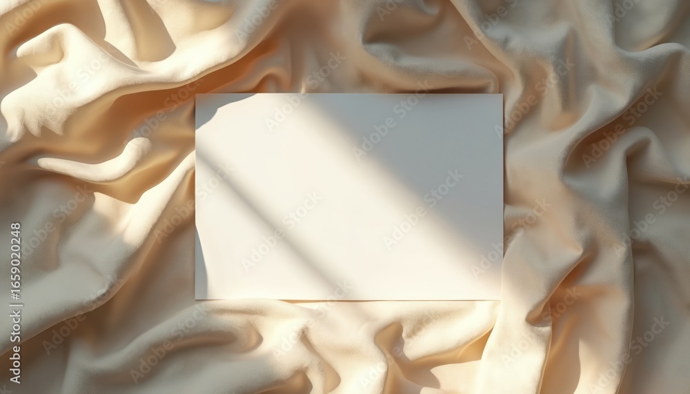 Poster blank paper card on soft fabric blanket with warm sunlight, shadow patterns. top view of minimalisti