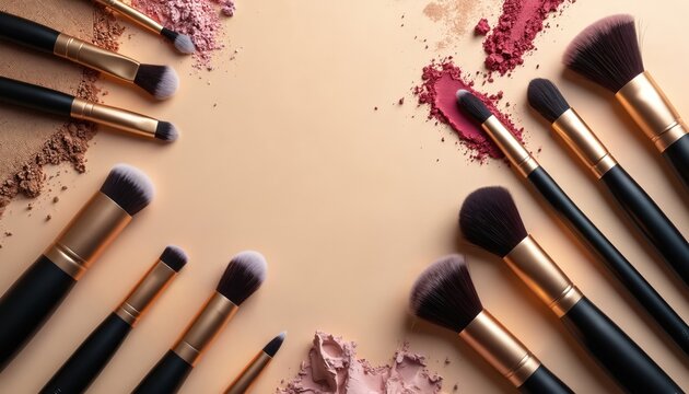 Elegant makeup brush set with cosmetic powders in neutral tones. Pro beauty tools, including foundation brushes, eyeshadow applicators, blushes, arranged on clean beige background. High-end,