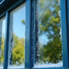 Close-up of blue window panes with soapy residue reflecting green trees and blue sky. Sunlight catches water droplets and bubbles on glass. Focus on cleaning process and sparkling clarity of windows.