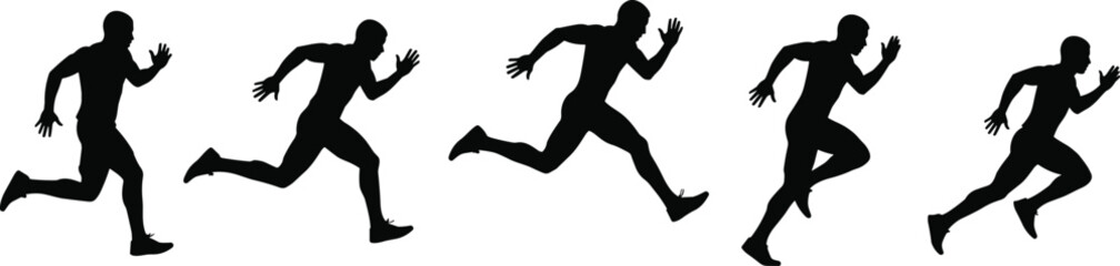 Running man silhouette vector set, athletic motion sequence, sprinting pose collection, fitness biomechanics, black isolated figure, sports movement illustration, dynamic stride