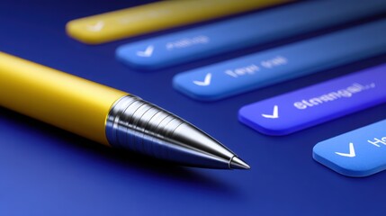 Close-up of a pen on a blue background with checkmark buttons.
