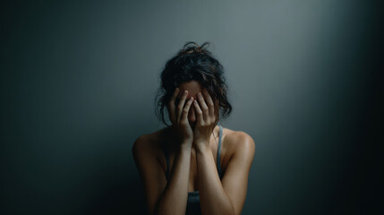 Obraz premium Young woman showing deep sorrow, her face hidden by hands, alone in dark solitude
