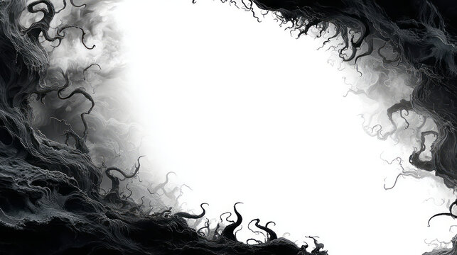 Amorphous black border frames bright white background, creating mysterious and eerie atmosphere