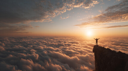 Inspired person enjoys stunning sunrise vista from high mountain peak