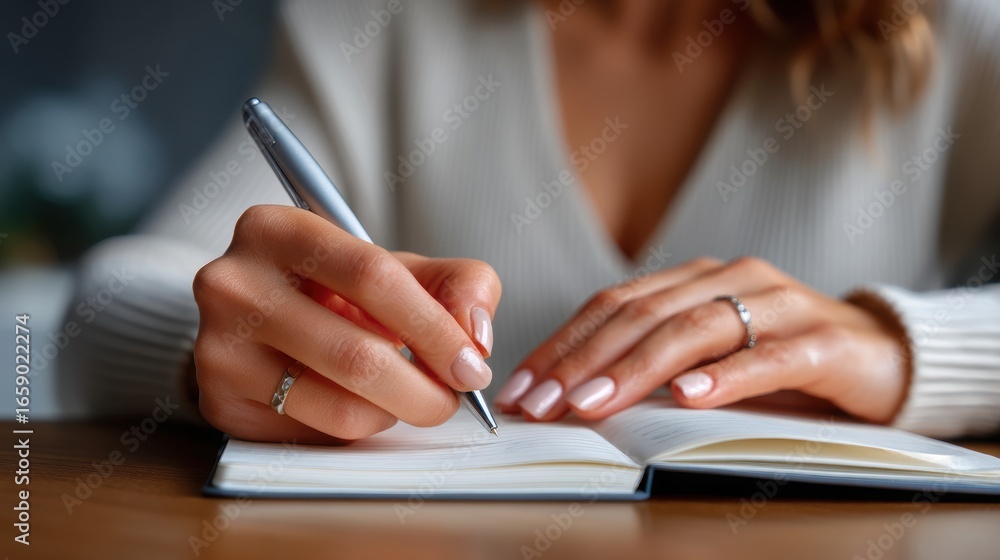 Aufkleber writing in a notebook with a stylish pen and elegant hands.