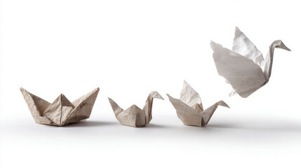 Crumpled paper transforms into an elegant origami swan, symbolizing creative metamorphosis