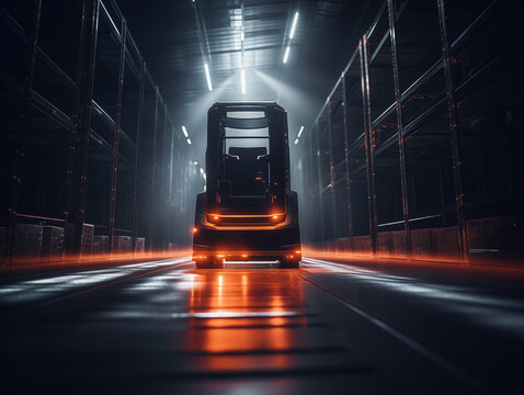 Dynamic forklift in modern warehouse with vibrant orange and cool blue lighting for logistics