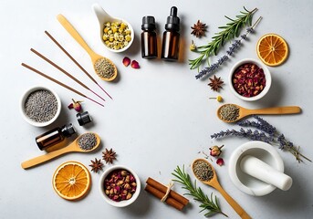 Natural ingredients and aromatherapy supplies arranged in a circle for wellness and beauty