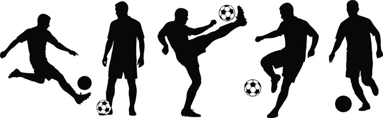 Silhouette, soccer, player, kicking, ball, action, vector, illustration, sports, fitness, athlete, competition, game, dynamic, pose, black, white, graphic, artwork, motion