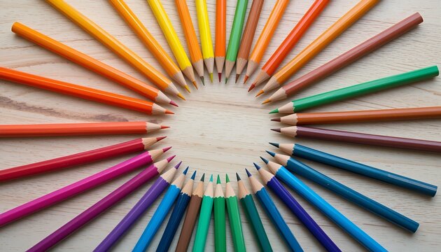 Vibrant colored pencils create a circular rainbow gradient on light wooden textured surface - Powered by Adobe